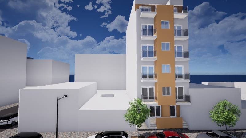 TORREVIEJA - UVÁDZACIE CENY ZA NOVOSTAVBU len 300 metrov od mora - Budova v Torrevieji na ulici Campoamor 12, vedľa nej sú zaparkované autá.