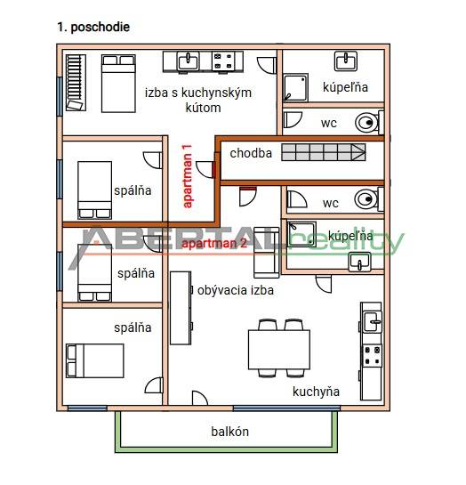PREDAJ – Apartmánový dom na Donovaloch s 3 samostatnými apartmánmi - Pôdorys prvého poschodia rodinného domu zahŕňa izby, chodbu, kúpeľňu a balkón.