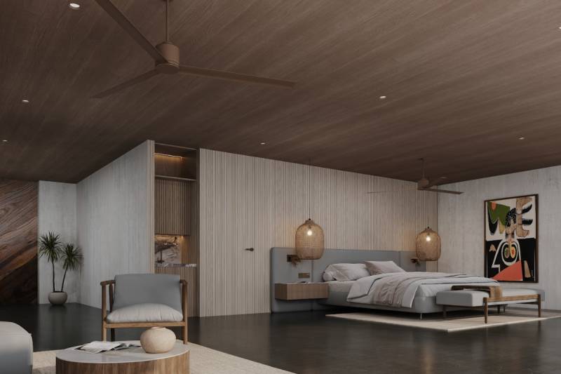HOTELOVÝ SUITE V LUXUSNOM ZANZIBARSKOM KOMPLEKSE - Spálňa v rodinnom dome s neutrálnymi farbami, moderným nábytkom a umeleckým obrazom.