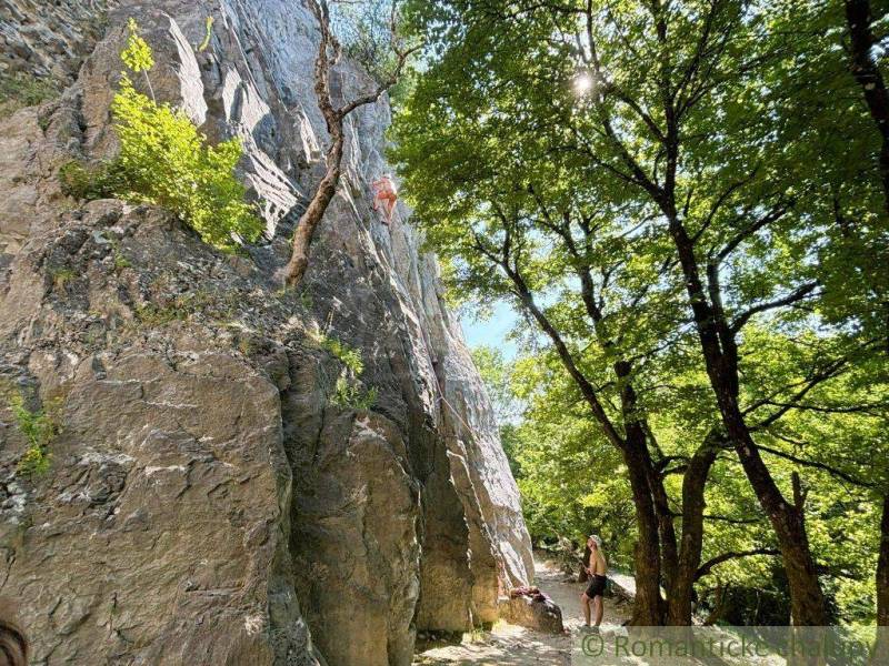 Dve susediace záhrady –12 árov v Stupave, s potenciálom na rekreáciu a - Horolezci v záhradách Malaciek lezú na skalnú stenu obklopenú stromami.