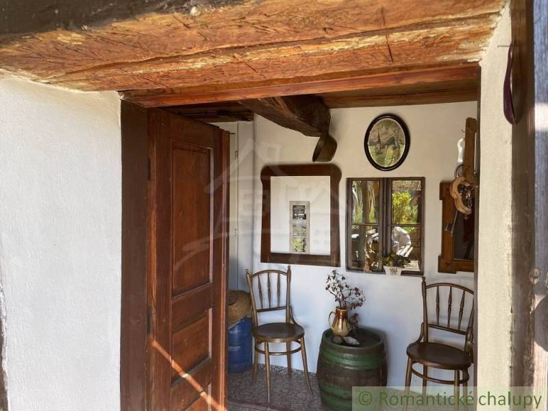 Rozsiahla vinica s historickou chatou v Slovenskom krase - Vstupný priestor chaletov, s drevenými detailmi a vintage dekorom, romantické chalupy.