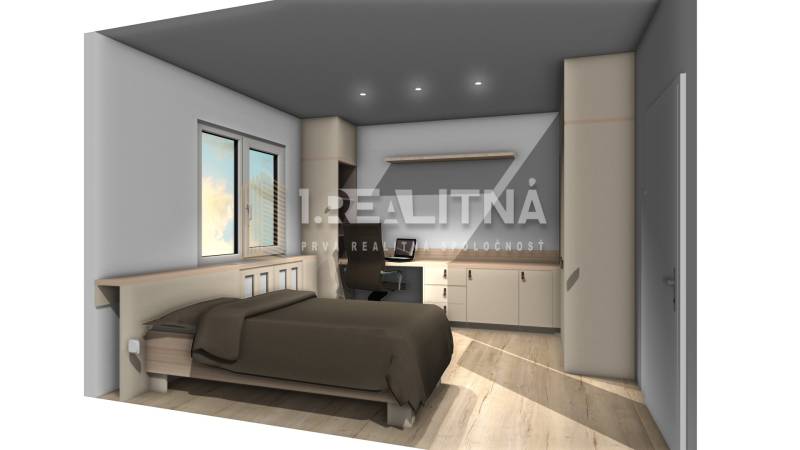 (REZERVOVANÉ) 2 IZBOVÝ BYT S BALKÓNOM, ZVOLEN - ZLATÝ POTOK - Spálňa s posteľou, pracovným stolom a úložným priestorom v 2-izbovom byte.