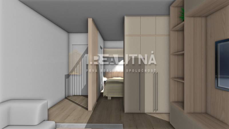 (REZERVOVANÉ) 2 IZBOVÝ BYT S BALKÓNOM, ZVOLEN - ZLATÝ POTOK - Interiér 2-izbového bytu s posteľou, skriňou, televízorom a drevenými prvkami.