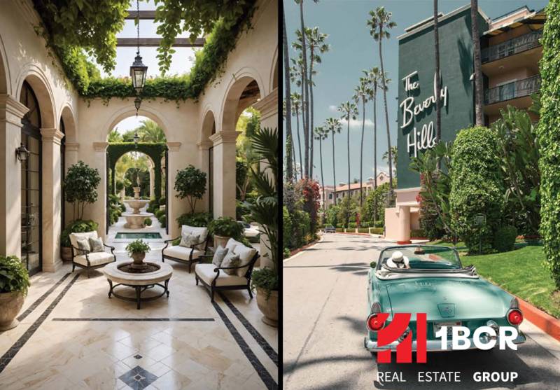 THE RIVIERA BEVERLY HILLS RESIDENCES PATTAYA - Vľavo luxusný interiér s fontánou, vpravo cesta s palmami a autom.