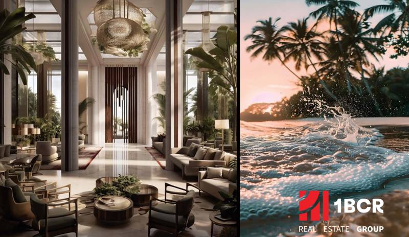 THE RIVIERA BEVERLY HILLS RESIDENCES PATTAYA - Výstavba bytov so sofistikovanou vstupnou halou a plážou v pozadí.