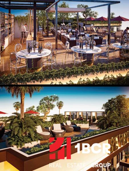 THE RIVIERA BEVERLY HILLS RESIDENCES PATTAYA - Dizajnová terasa s jedálenskou zónou vo výstavbe bytov v Pattayi.