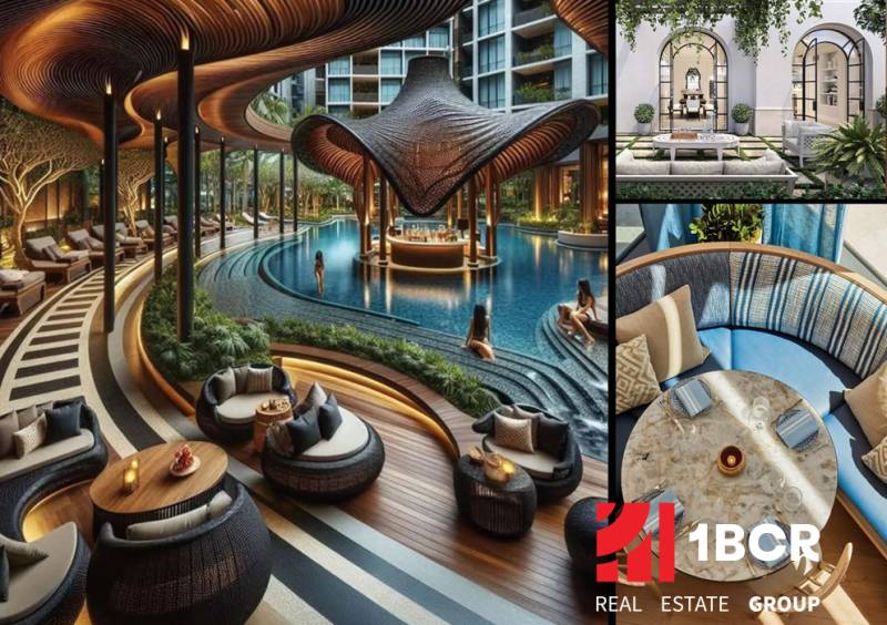 THE RIVIERA BEVERLY HILLS RESIDENCES PATTAYA - Luxusný bazénový areál s relaxačnými zónami, obklopený zeleňou v rámci Výstavby bytov.