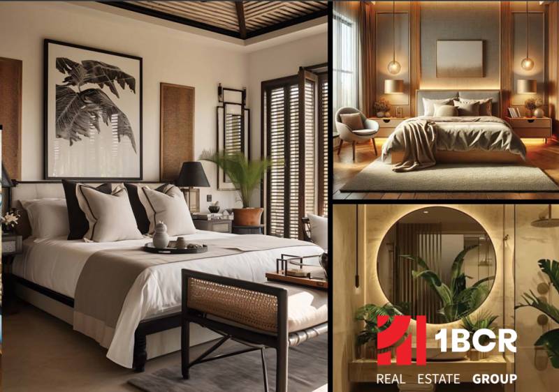 THE RIVIERA BEVERLY HILLS RESIDENCES PATTAYA - Luxusné spálne vo výstavbe bytov, s prírodným dekorom a moderným designom.
