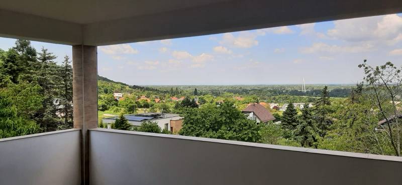 Predaj vily, Bruck an der Leitha - Pohľad z vily v Hainburg an der Donau, obklopený prírodou a strechami domov.
