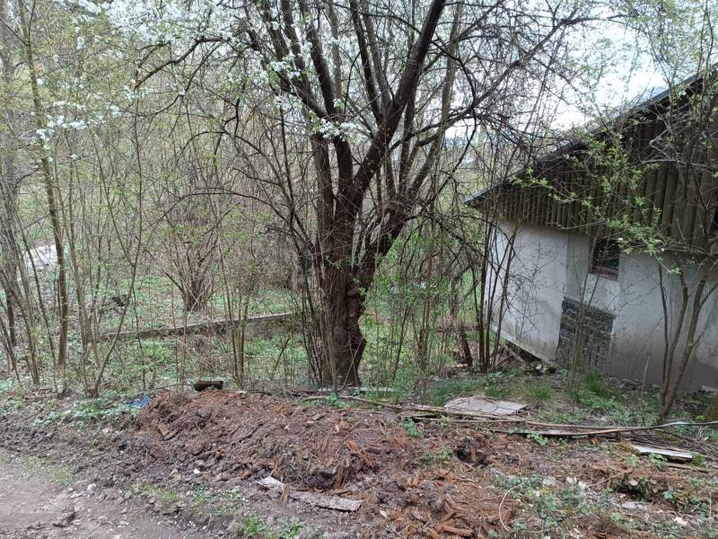 Na predaj rekreačná chata s pozemkom – Nová Baňa (záhradkárska osada) - Jarná príroda obklopuje chatu v Novej Bani, stromy sú v kvete.