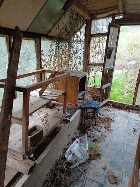 Na predaj rekreačná chata s pozemkom – Nová Baňa (záhradkárska osada) - Opustená chata s dreveným interiérom, porastená popínavými rastlinami, pôsobí zanedbane.