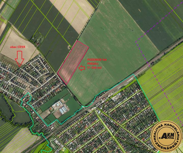 Investičný pozemok na predaj 51 028 m2 – obec Cífer - Letecká mapa obce Čífer ukazuje významné komerčné pozemky na predaj.