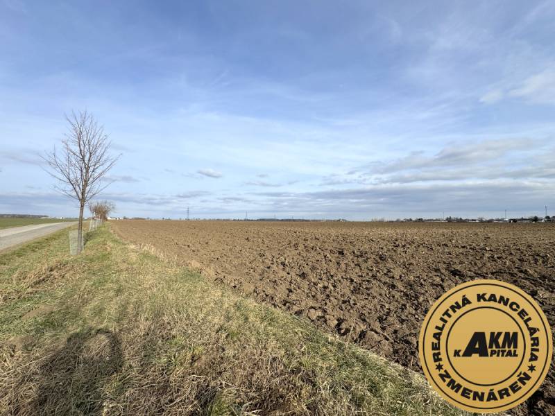 Investičný pozemok na predaj 51 028 m2 – obec Cífer - Obrázok zobrazuje široké polia a pozemky pod modrou oblohou.