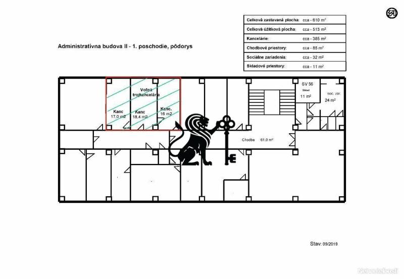 Na prenájom troj kancelária o výmere 51,4 m2, Mlynské Nivy - Pôdorys administratívnej budovy, miestnosti: kancelárie, chodby, skladové a sociálne priestory.