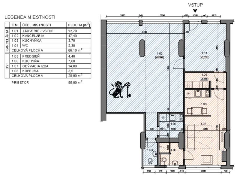 Predaj obchodného priestoru so služobným bytom pri Račianskom Mýte - Pôdorys kancelárie a bytu na ulici Jozefa Cígera Hronského s rozlohou 95 m².
