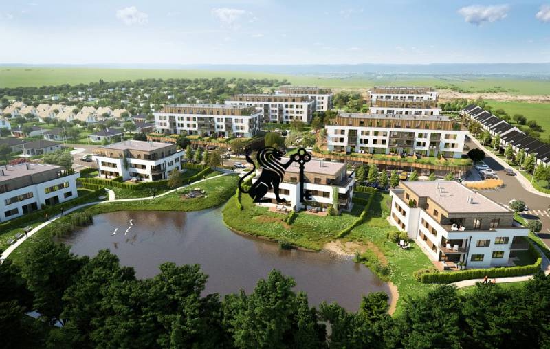 Predaj 2-izb. bytu so záhradou a terasou, Nová Tehelňa, Senec (A1101) - Na obrázku sú bytové komplexy s jazerom, blízko ulice Vtáčia.