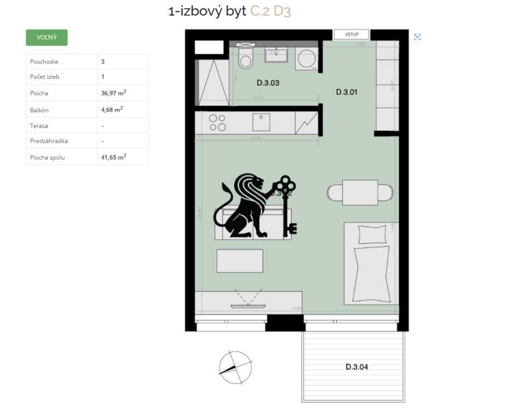 Na predaj 1-izbový byt s balkónom - D3 - Pôdorys 1-izbového bytu ukazuje kuchyňu, obývačku, kúpeľňu, balkón a ďalšie prvky.