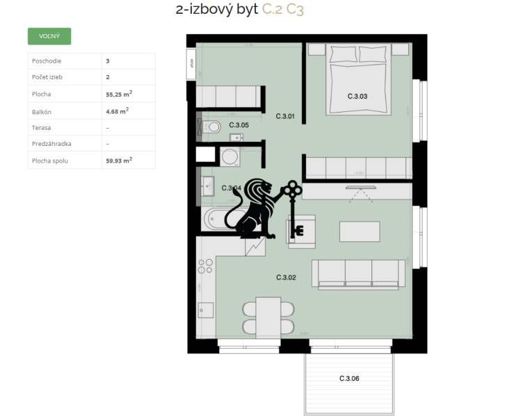 Na predaj 2-izbový byt s balkónom - C3 - Pôdorys 2-izbového bytu s rozlohou 59,93 m² a balkónom 4,68 m².
