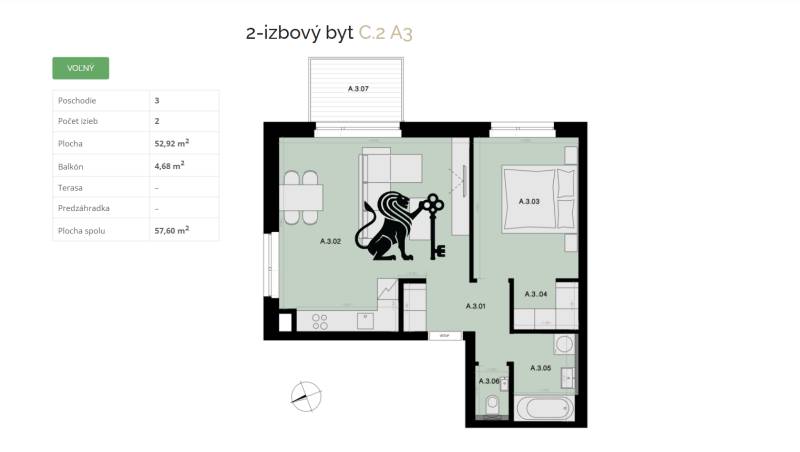Na predaj 2-izbový byt s balkónom - A3 - Poschodový 2-izbový byt s balkónom a celkovou plochou 57,60 m².
