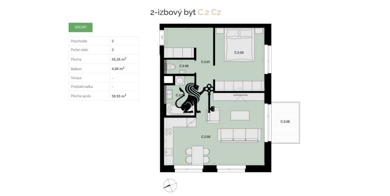 Na predaj 2-izbový byt s balkónom C2 - Pôdorys zobrazuje 2-izbový byt na druhom poschodí s balkónom o výmere 4,68 m².