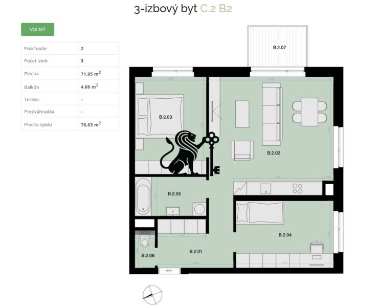Na predaj 3-izbový byt s balkónom - B2 - Podlažie plánu ukazuje premyslený 3-izbový byt s balkónom o výmere 4,68 m².