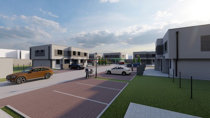  SO-07-A  Priestranný 4-izbový RD so záhradou a 3 parkovacími miestami - Ulica s novými domami na Triblavinskej v Chorvátskom Grobe, parkovanie a ľudia v exteriéri.