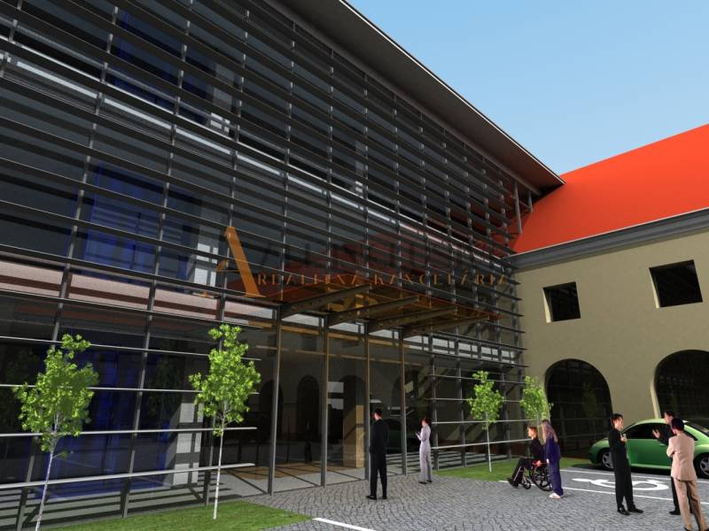 MEŠTIANSKY DOM | TRNAVA | CENTRUM - Exteriér s presklennou fasádou Zvláštnych nehnuteľností na Hollého ulici v Trnave.