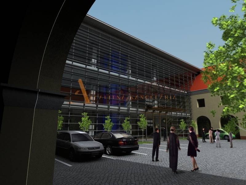 MEŠTIANSKY DOM | TRNAVA | CENTRUM - Ľudia pred modernou budovou na Hollého ulici v Trnave s parkoviskom a stromami.