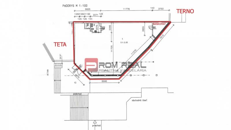 PREDAJ priestoru na frekventovanom mieste BRATISLAVA - Pôdorys obchodných priestorov so zvýraznenými sekciami TETA a TERNO.