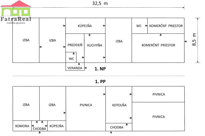 Rodinný dom v rekonštrukcii, Ružomberok - Pôdorys znázorňuje usporiadanie izieb a komerčných priestorov na ulici Nám. A. Hlinku.