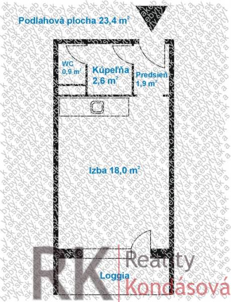 Garsónka s loggiou, Furča-Kalinovská - Pôdorys garsónky s loggiou, izba 18 m², kúpeľňa 2,6 m².
