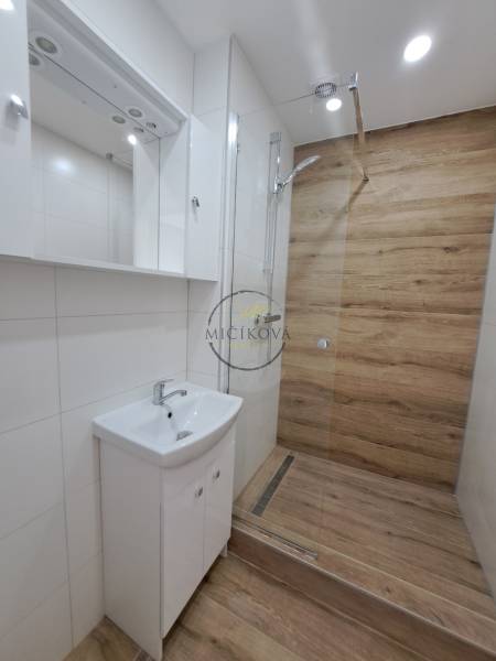 REZERVOVANÉ! Predáme  garsónku, 21 m2, Mikovíniho ul., Nitra - Garsónka s kúpeľňou a sprchovým kútom, biele skrinky, drevený obklad stien.