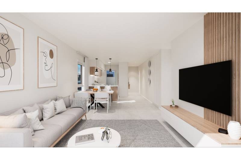 TORRE DE LA HORADADA -  nový rezidenčný komplex len 200 m od pláže - Rekreačný apartmán: priestranná obývacia izba s jedálňou, minimalistické dekorácie, neutrálne farby.