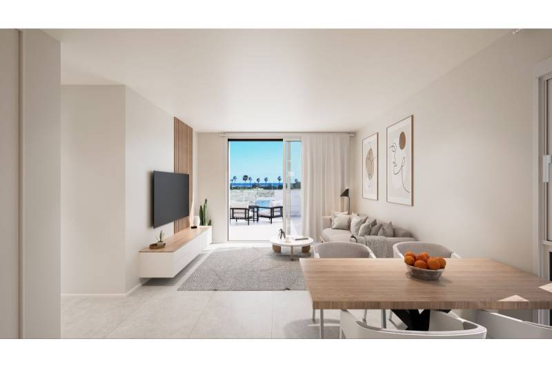 TORRE DE LA HORADADA -  nový rezidenčný komplex len 200 m od pláže - Svetlá obývacia izba Rekreačného apartmánu s pohodlným sedením a výhľadom na terasu.