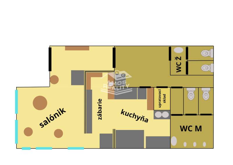 Predaj/odstúpenie zabehnutej gastro prevádzky s kuchyňou, Bratislava 2 - Pôdorys gastro priestorov: salónik, kuchyňa, sklad, toalety.