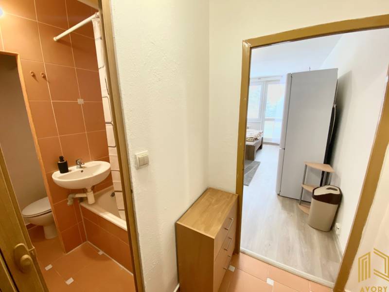 NA PRENÁJOM GARSÓNKA s BALKÓNOM, SENICA, ŠTEFÁNIKOVA UL. - V garsónke je vidieť chodbu, kúpeľňu a vstup do izby s kuchynkou.