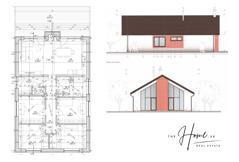 THE HOME ︱ PREDAJ - designový 5-izbový rodinný dom v Chorvátskom Grob - Plán rodinného domu ukazuje dispozíciu a pohľady na budovu.