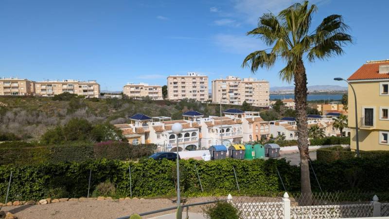 TORREVIEJA -  garsónka v Torreblanca, blízko mora s bazénom - Záber na obytné domy, stromy a kontajnery na ulici cl. Aquiles v Torrevieji.