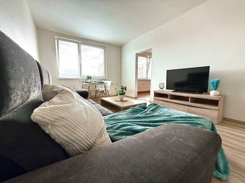 - EXKLUZÍVNE - PREDAJ - 3,5 IZBOVÝ BYT - LEVICE - Pohodlná obývacia izba v 4-izbovom byte s pohovkou, stolíkom a televíziou.