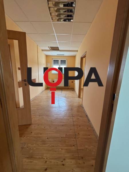 Administratívna budova,pozemky a prísl.v priemyselnej časti Nové Zámky - Chodba vo vnútri budovy s drevenou podlahou a dverami.