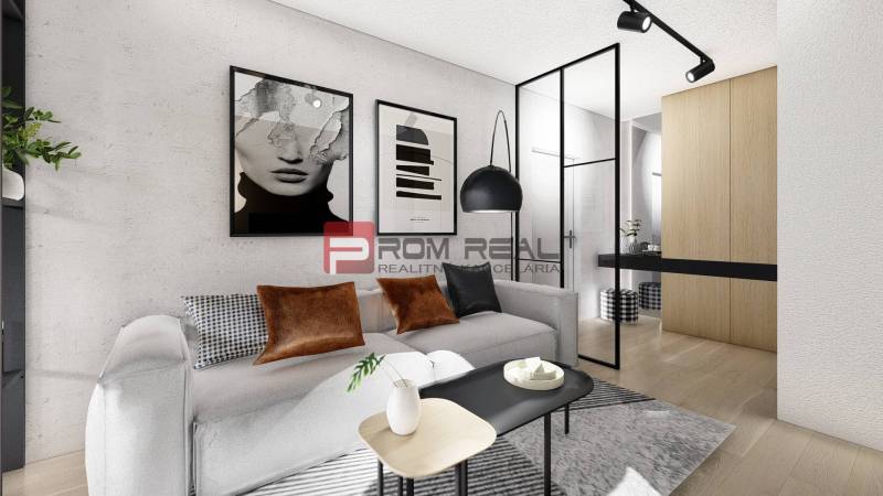Predaj 2-izbový byt od 189 999 € v projekte Rezidencia Potôčik - Obývacia izba 2-izbového bytu s pohovkou, modernými plagátmi a drevenou podlahou.