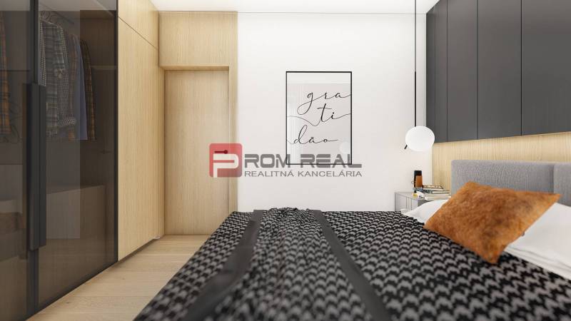 Predaj 2-izbový byt od 189 999 € v projekte Rezidencia Potôčik - Spálňa v 2-izbovom byte s posteľou, šatníkom a dekoráciou na stene.