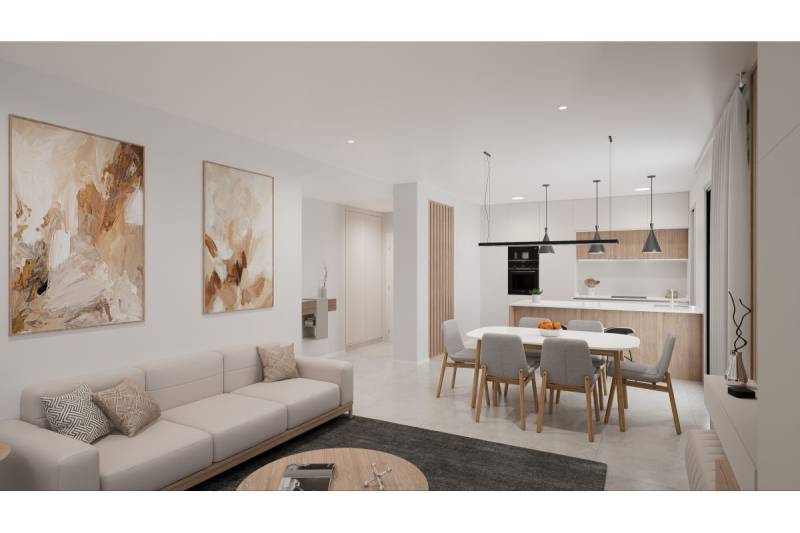 LOS ALCÁZARES -rekreačné apartmány s turistickou licenciou na prenájom - Obývacia izba Rekreačného apartmánu s pohovkou, jedálenským stolom a kuchynským kútom.