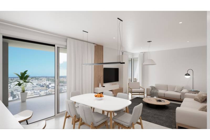 LOS ALCÁZARES -rekreačné apartmány s turistickou licenciou na prenájom - Svetlá obývacia izba s jedálenským stolom, pohovkami a výhľadom na terasu.