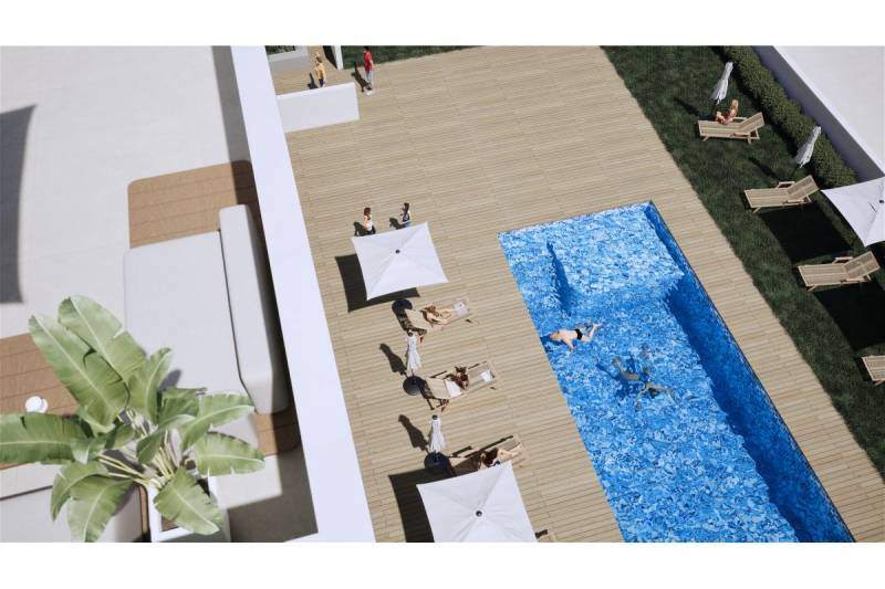 LOS ALCÁZARES -rekreačné apartmány s turistickou licenciou na prenájom - Rekreačný apartmán v Los Alcázares s bazénom, lehátkami a slnečníkmi na terase.