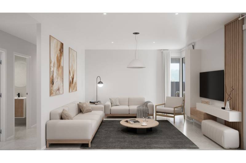 LOS ALCÁZARES -rekreačné apartmány s turistickou licenciou na prenájom - Obývacia izba rekreačného apartmánu s pohodlnou sedacou súpravou a dekoratívnymi detailmi.
