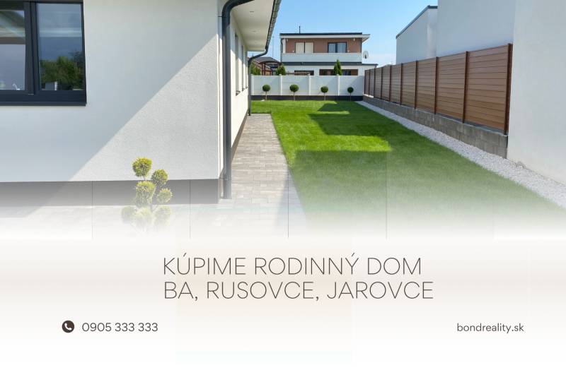 Súrne hľadáme pre konkrétneho klienta! RD Rusovce alebo Jarovce - Rodinný dom v Bratislave-Rusovciach, upravená záhrada s trávnikom a výsadbou popri plote.