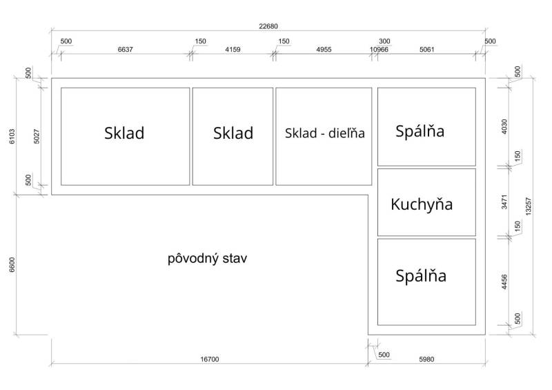 PREDAJ-vidiecky dom s veľkým pozemkom pod lesom, Nitr.Sučany, okr.PD - Pôdorys rodinného domu s miestnosťami: sklad, dielňa, spálne, kuchyňa.