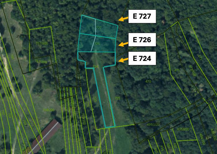 Omastiná – 9.909 m2 LESY a PASIENKY – PREDAJ - Letecký pohľad na poľnohospodárske a lesné pozemky v Omastinej s označenými parcelami.