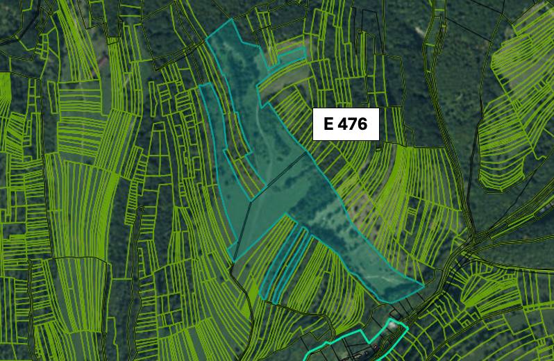 Omastiná – 9.909 m2 LESY a PASIENKY – PREDAJ - Poľnohospodárske a lesné pozemky v oblasti Omastiná s vyznačenými parcelami a číslom E 476.